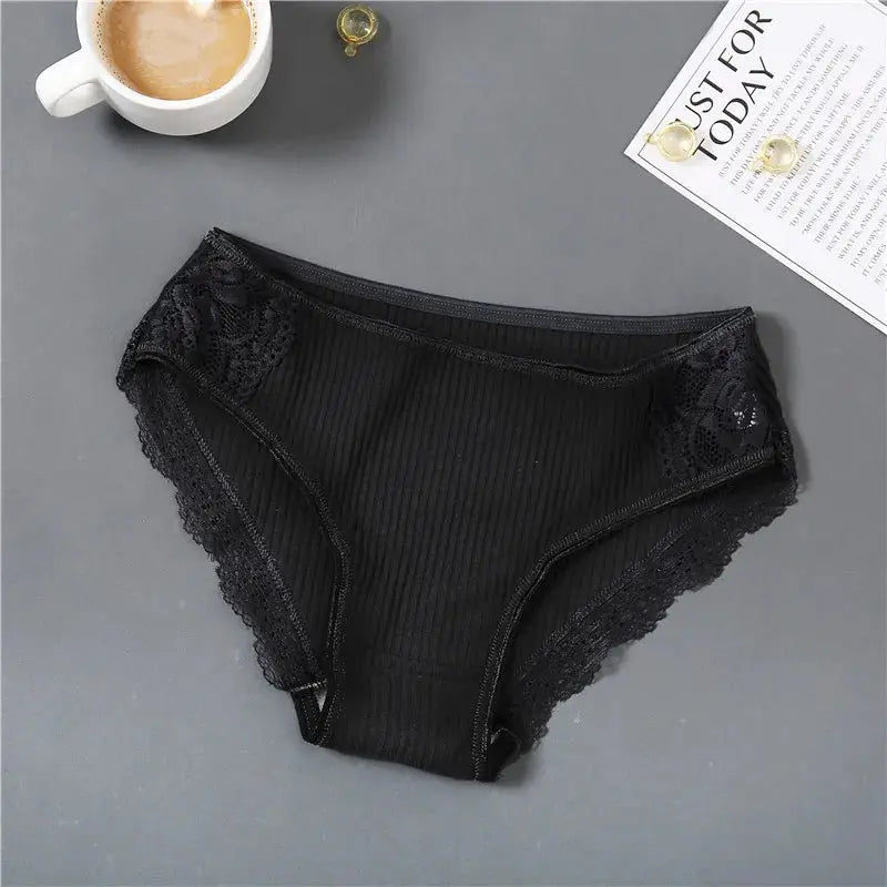 Women’s black ribbed panties with lace trim, low-rise briefs