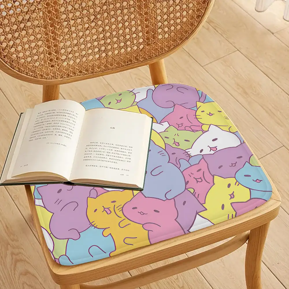 Chair cushion with colorful cartoon cat pattern on a wooden chair, 45x45 cm, soft breathable fabric