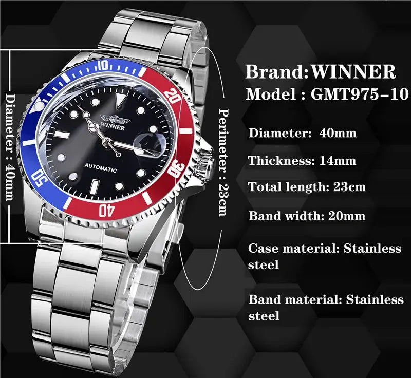 Winner 002 Automatic Mechanical Wristwatch Luminous Hands And Date Display Stainless Steel And Leather Strap For Men