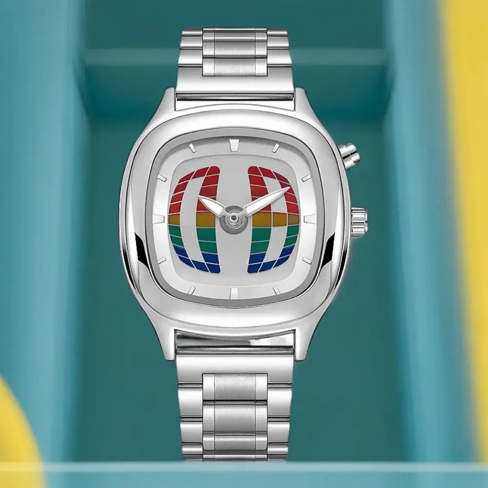 Watch silver stainless steel men's wristwatch with multicolor patterned dial and linked bracelet