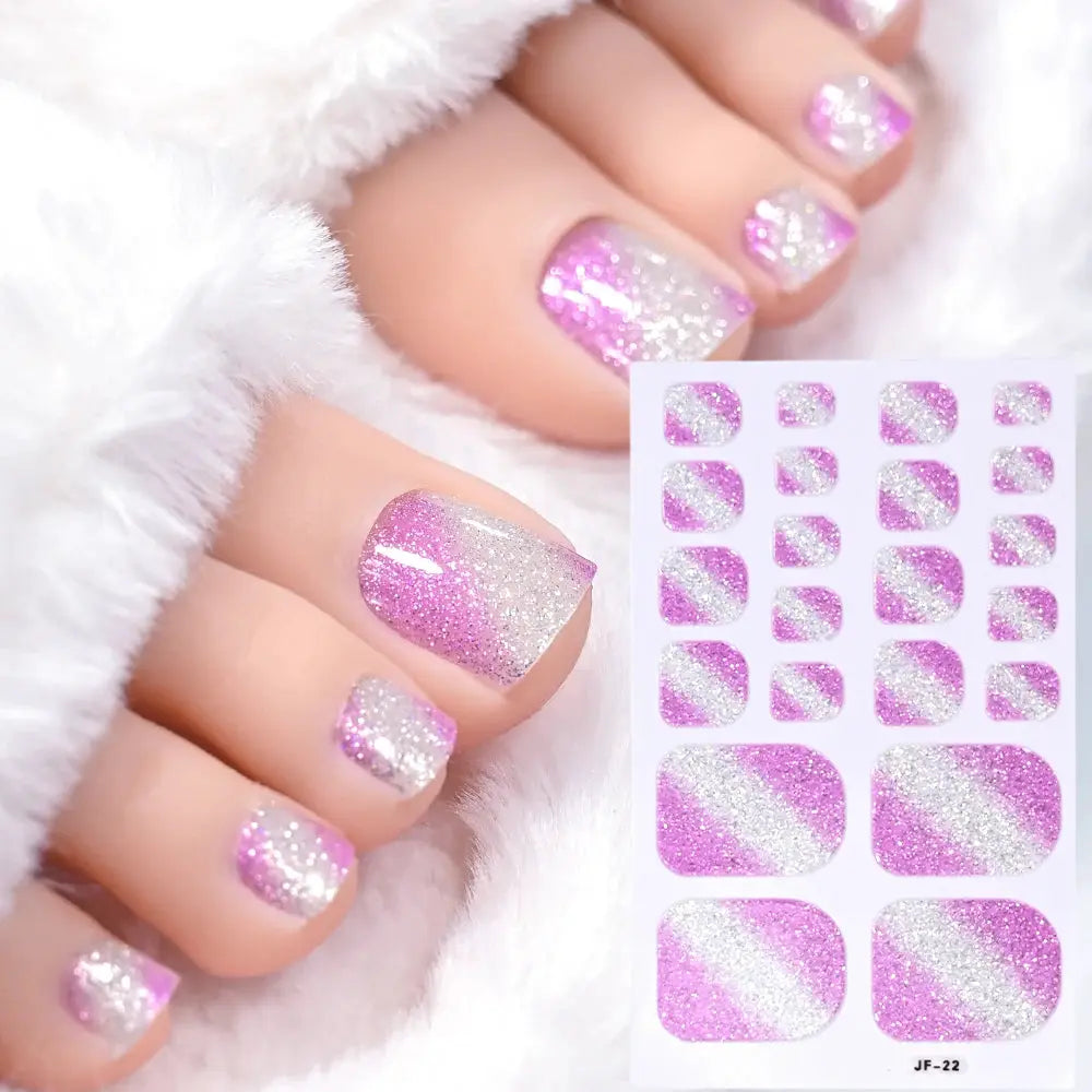 Simples Market toe nail sticker wraps with pink-to-silver glitter gradient, full-cover decals on a sticker sheet