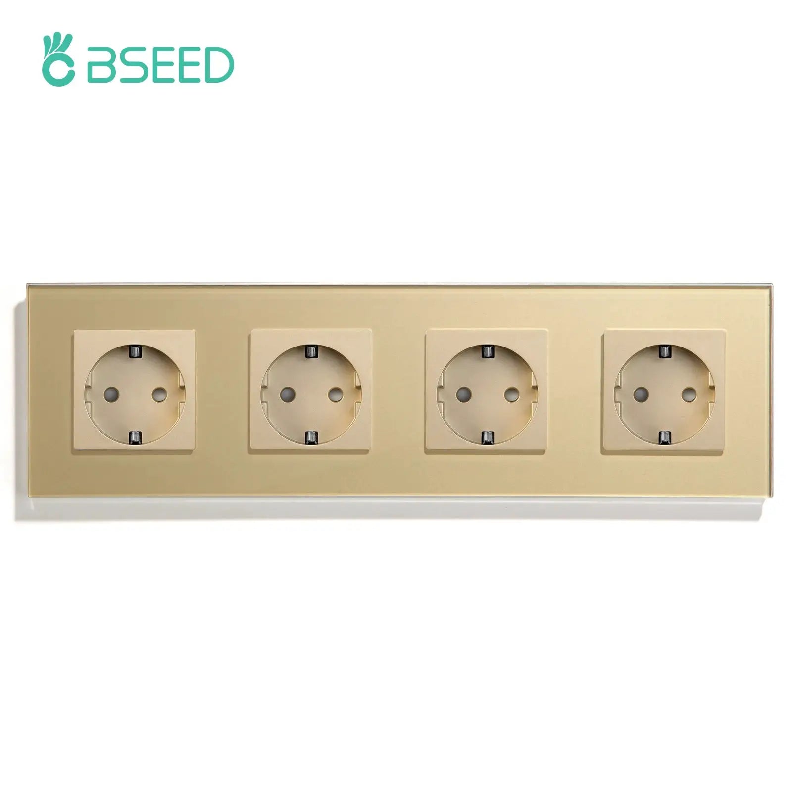 BSEED four-socket wall power outlet on a gold panel with four round Schuko sockets