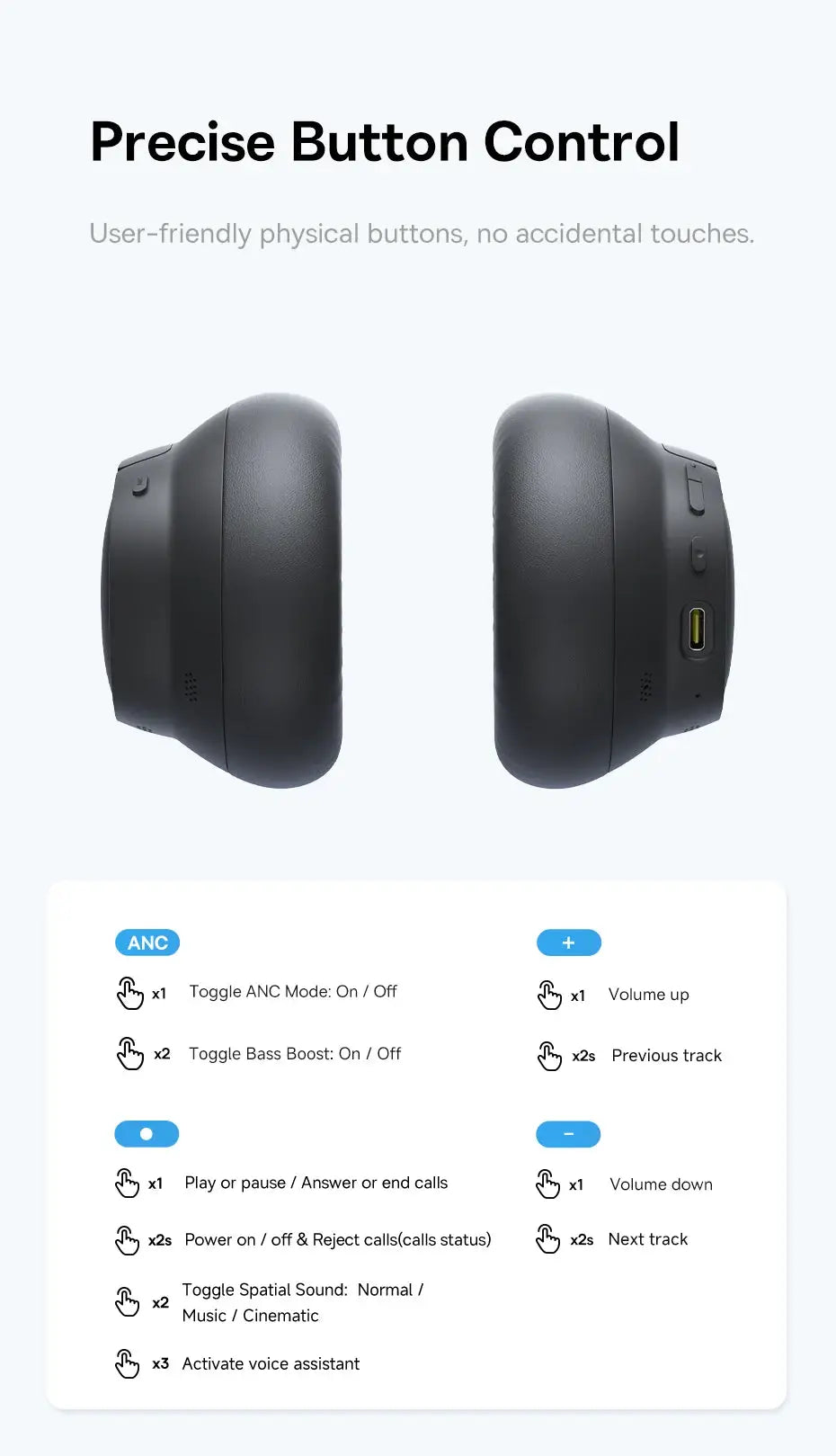 Baseus Bass EH10 NC wireless over-ear headphones in black with USB-C port and physical control buttons