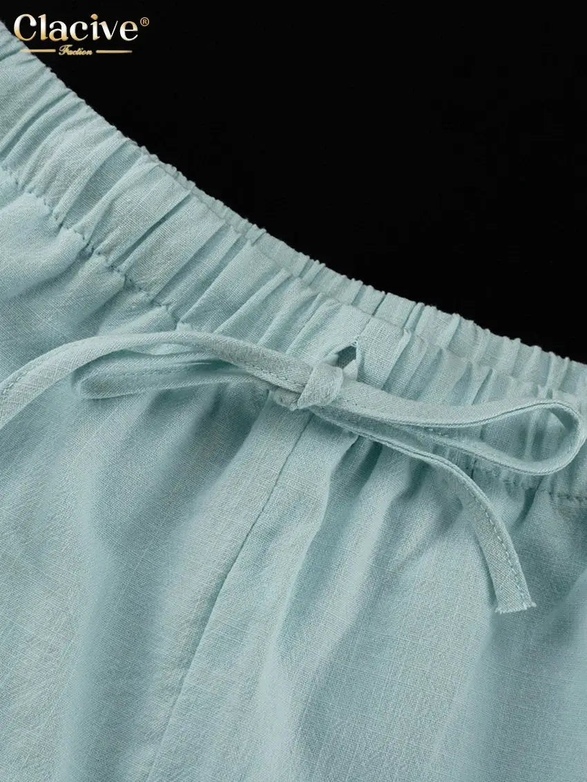 Blue Cotton Two Piece Set Women With Long Sleeve And High Waist Shorts