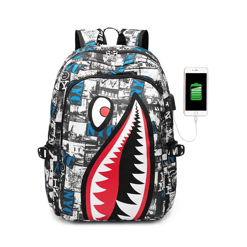Backpack Simples Market kids' backpack with bold shark-mouth print in grayscale with blue accents