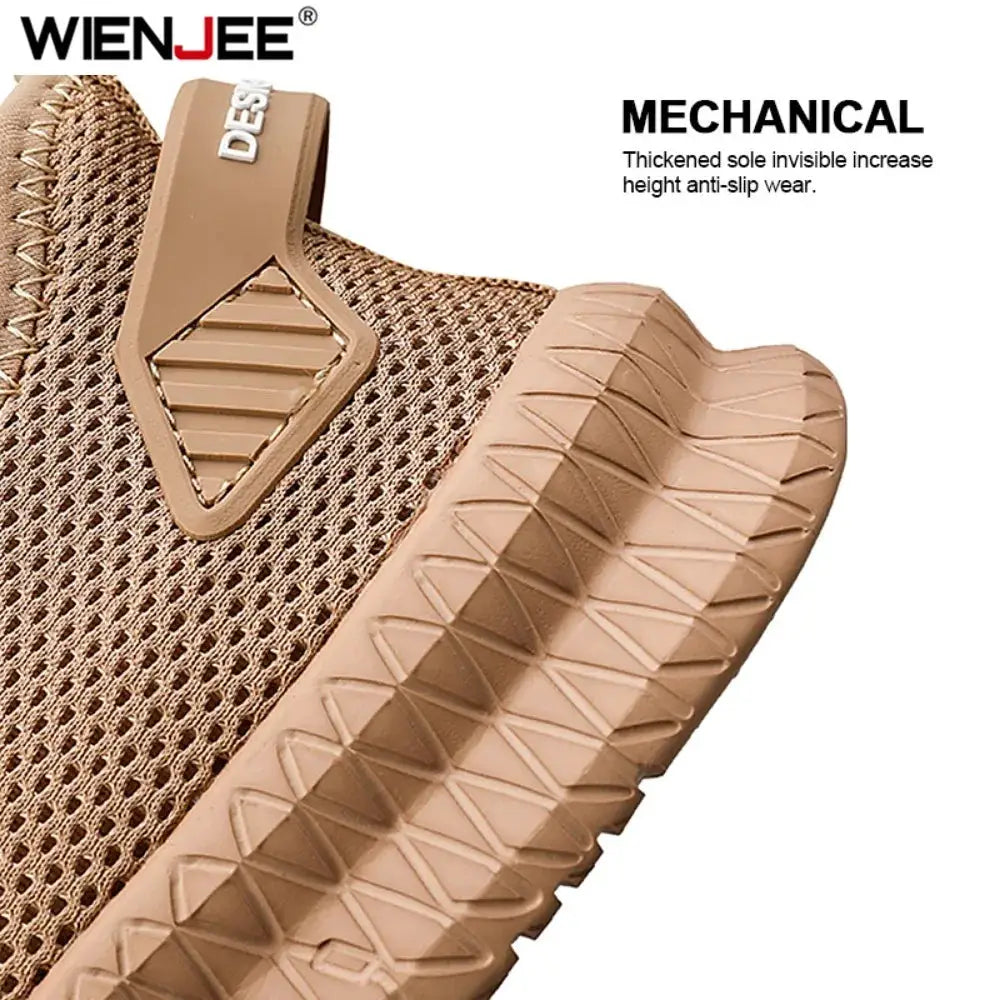 Men's non-slip casual sneakers by Wienjee, beige woven knit upper with breathable mesh and rugged sole