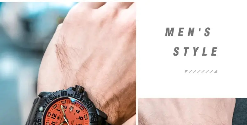 Addies men's military watch with orange dial, black case, nylon/steel strap, outdoor waterproof quartz