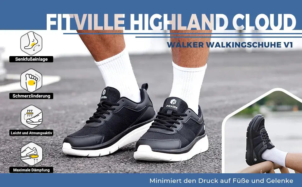 FitVille men's walking shoes, black lightweight sneakers with white sole and cushioned comfort