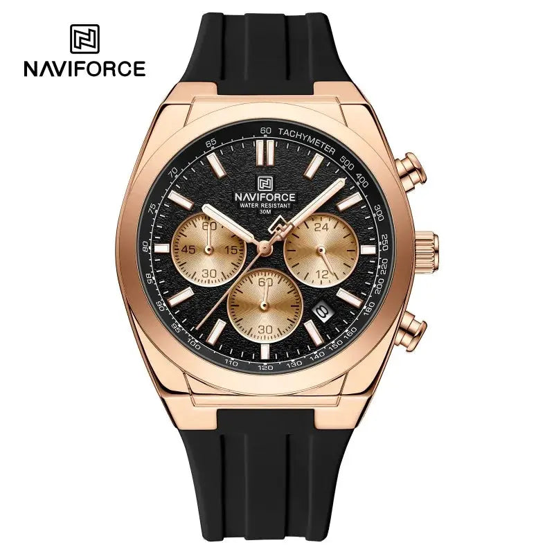NAVIFORCE men's chronograph watch with rose-gold case, black dial, gold subdials, silicone strap