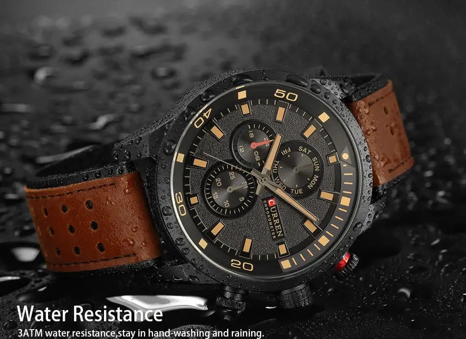 CURREN 8250 men's waterproof wristwatch, black dial, gold-tone markers, brown leather strap