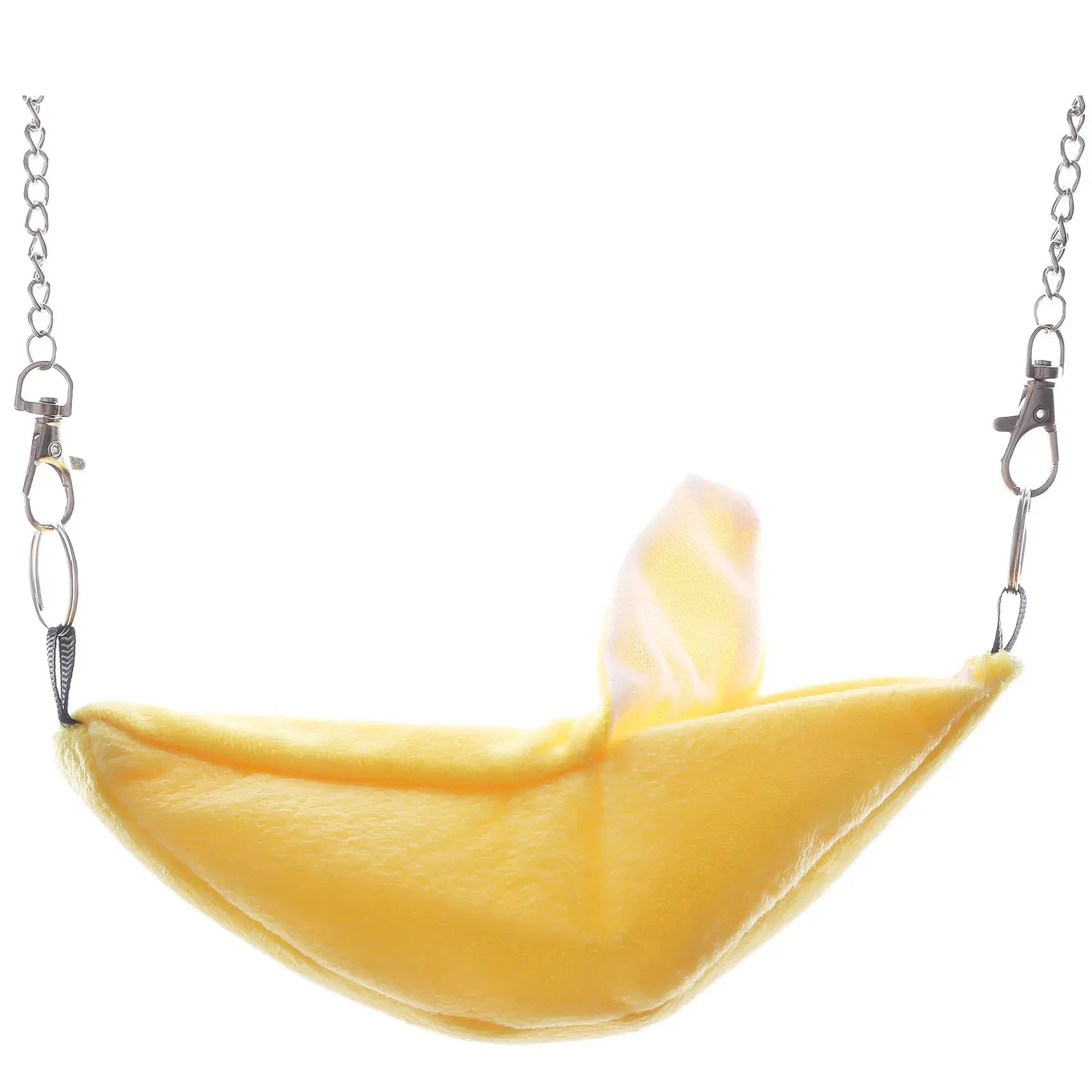 Banana-shaped hammock bed for small pets by Simples Market, yellow plush fabric with metal chain suspension.