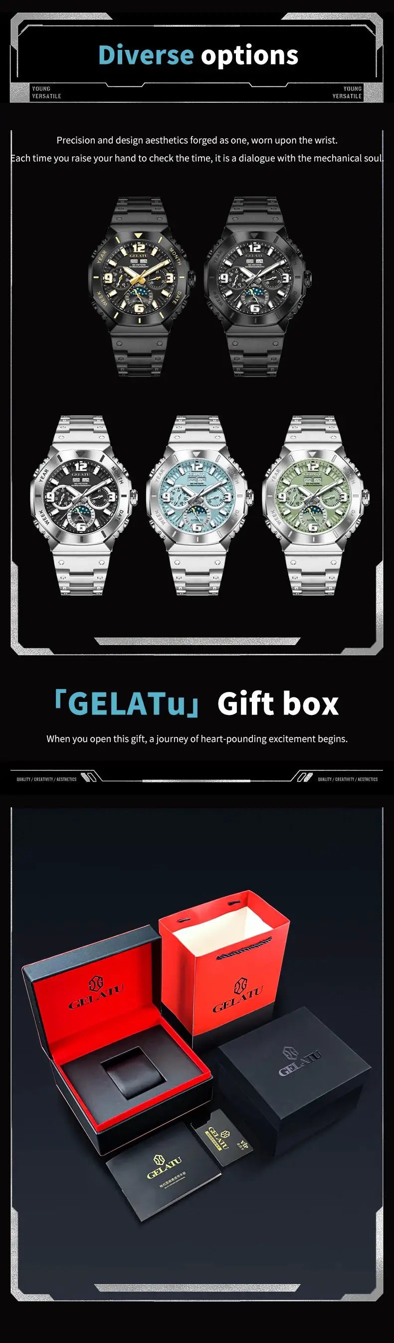 GELATU men's diving automatic wristwatches collection: six styles in black and silver with gift box packaging