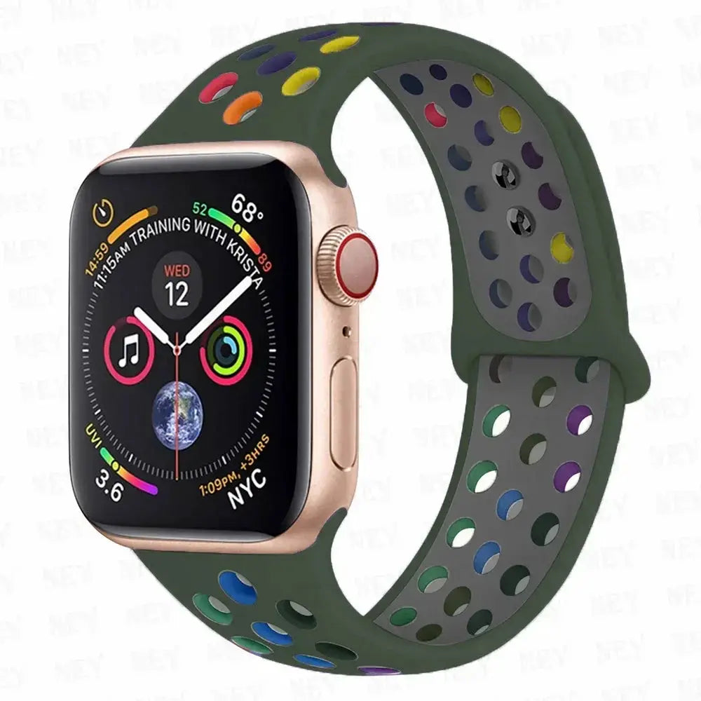 Silicone sport strap for Apple Watch with rainbow perforations on green band, fits 38–49mm, Simples Market