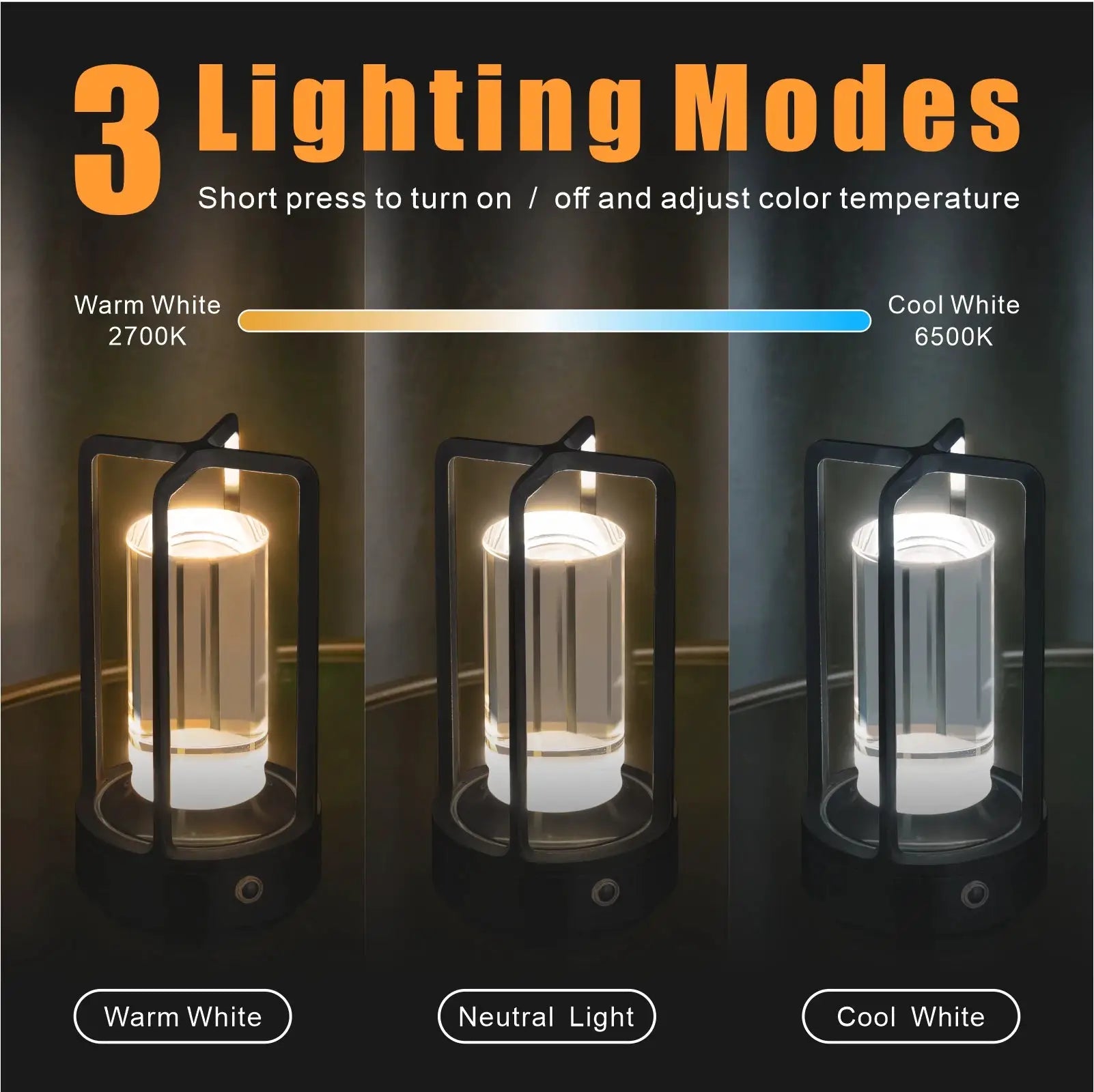 Three GGbingo cordless LED table lamps by Simples Market with 3 lighting modes: warm white, neutral light, cool white