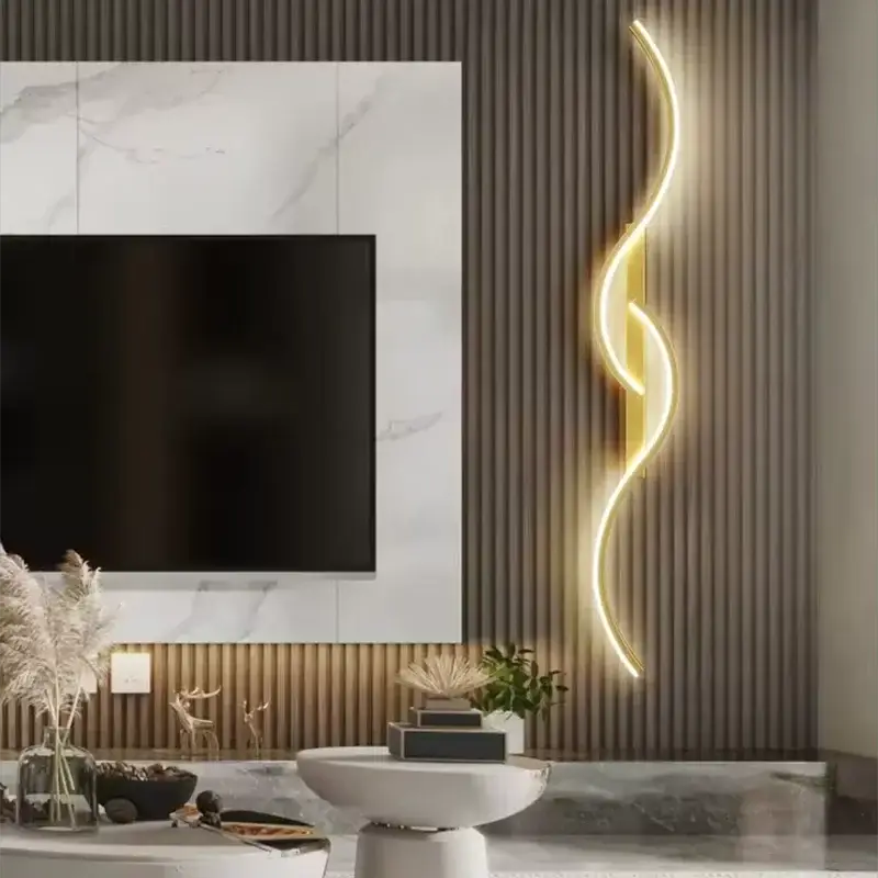 Simples Market modern LED wall lamp; curved yellow light strip wall sconce beside the TV in the living room