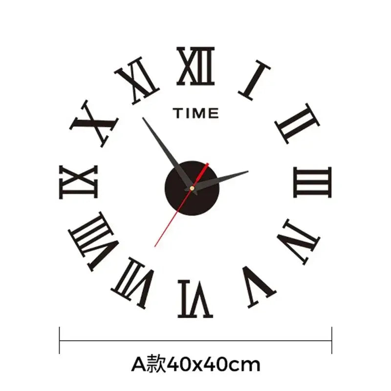 Wall clock sticker, large 40x40 cm, black Roman numerals with metal look center, punch-free design, by Simples Market.