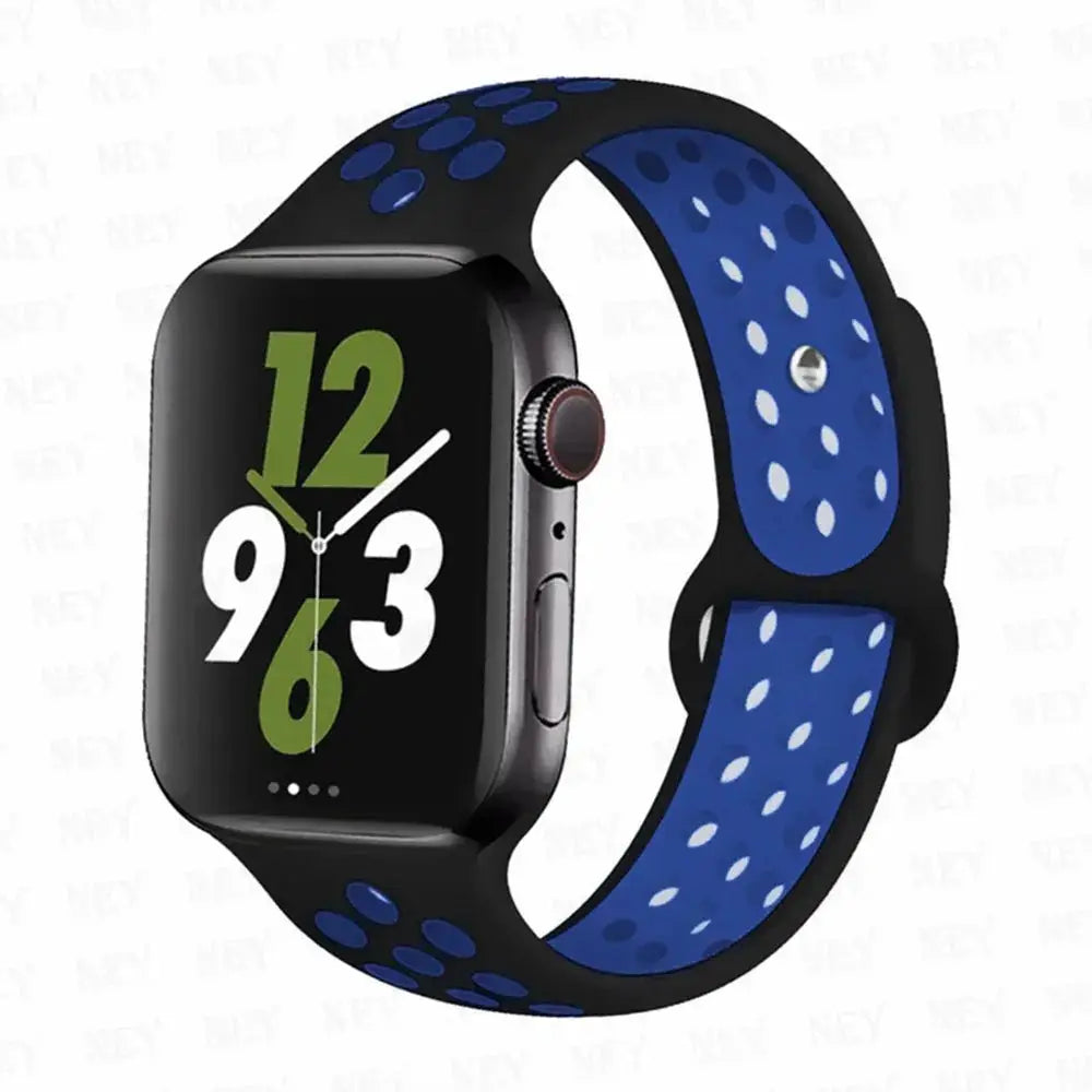 Silicone sport strap for Apple Watch with black exterior and blue perforated inner surface.