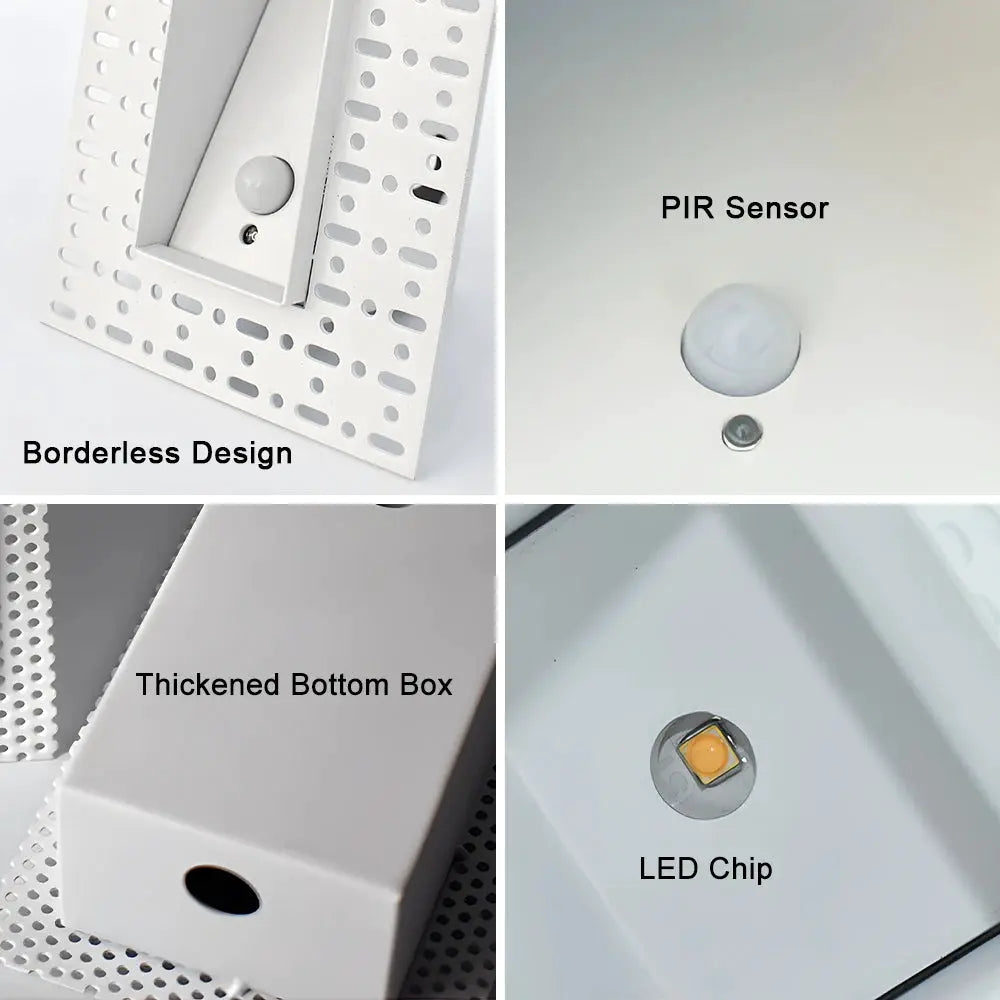 SANDIY sensor wall sconce lamp for recessed stair lighting; frameless borderless design, PIR sensor, 3W LED.