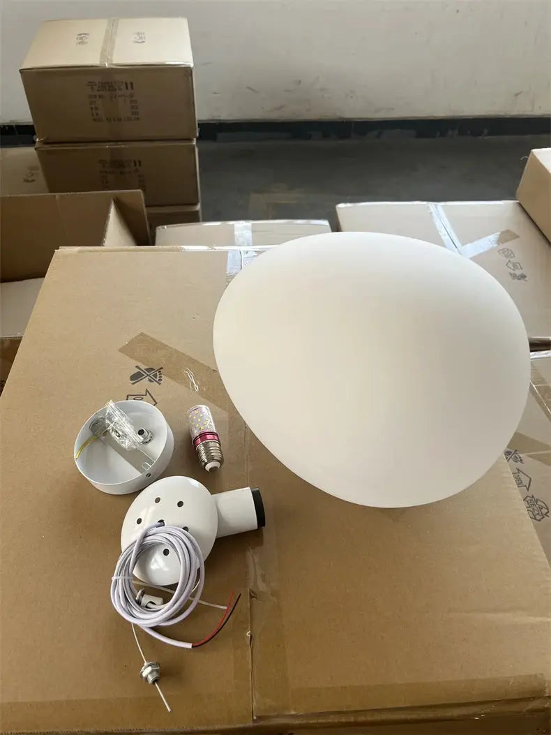 White glass ball pendant lamp by Simples Market; Nordic style lighting with canopy and mounting hardware.