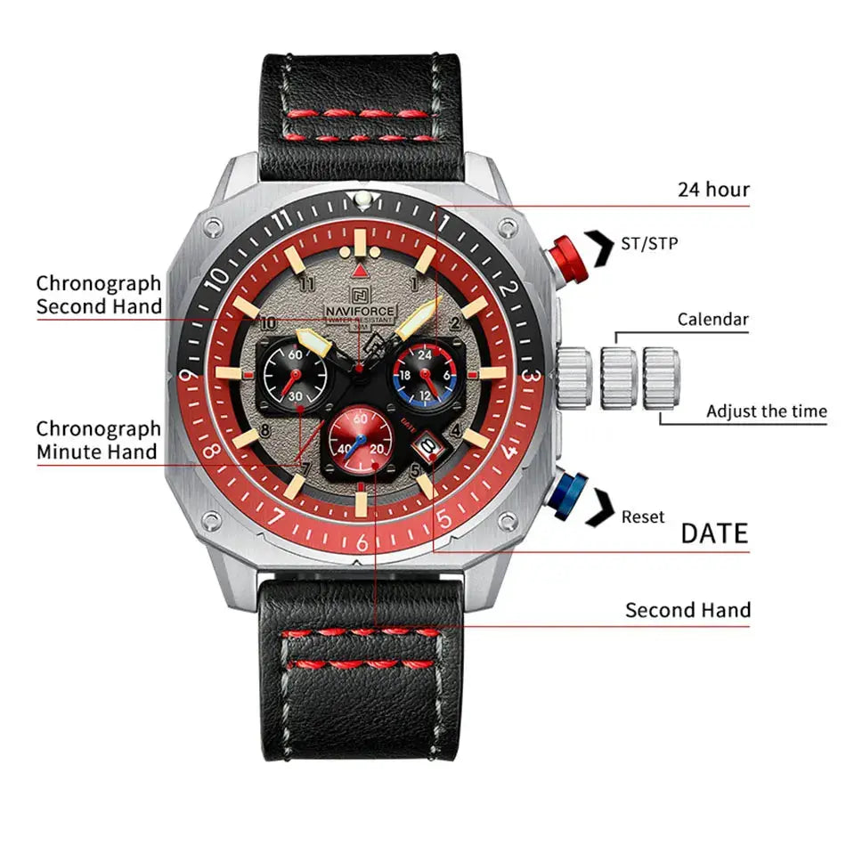 NAVIFORCE men's multifunction waterproof square watch with black leather strap; quartz analog.