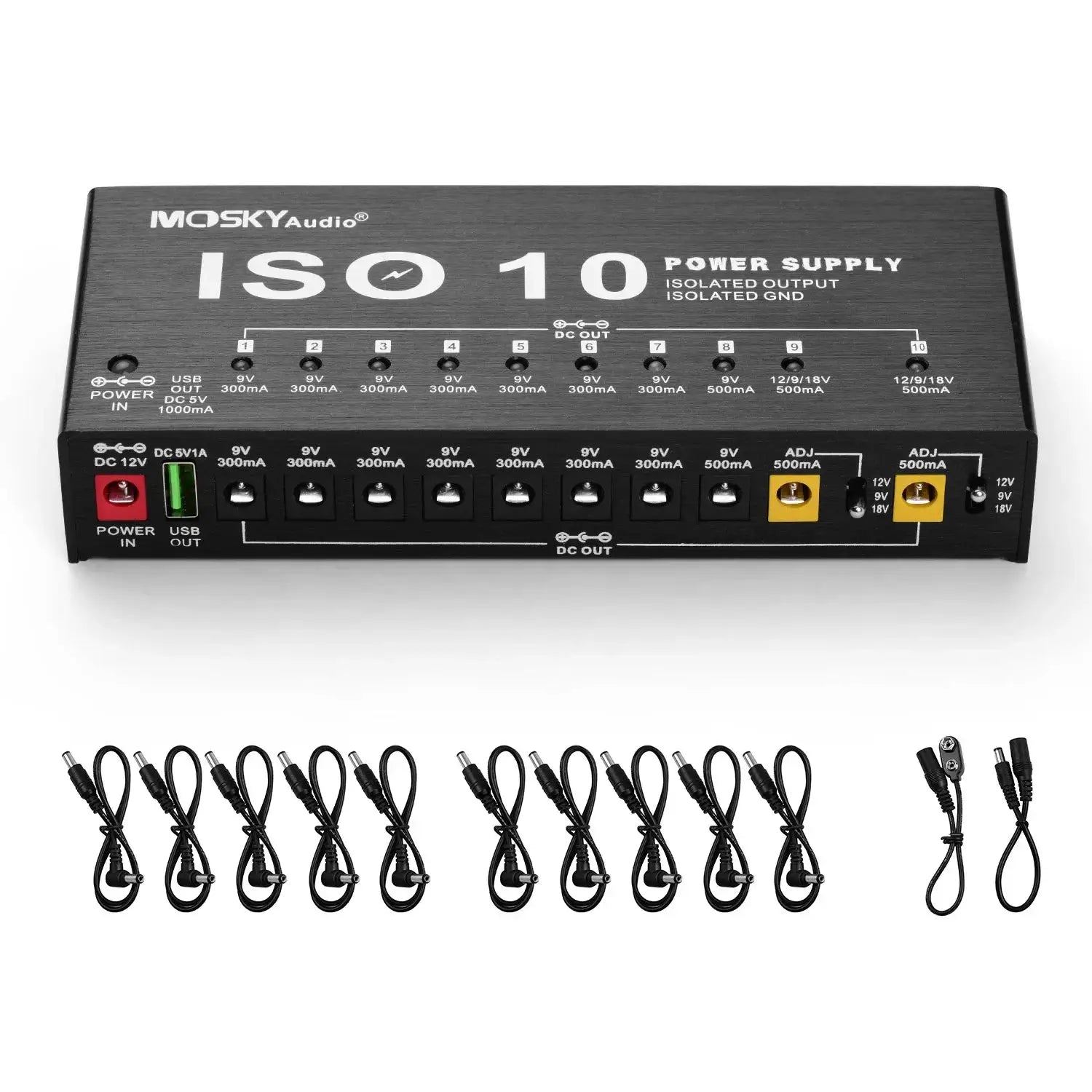 MOSKY ISO-10 Guitar Pedal Power Supply With 10 Isolated DC Outputs And 5V USB For 9V 12V And 18V Pedals