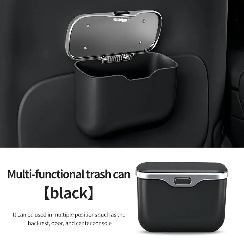 Simples Market black multifunctional car trash can with lid, hanging storage bin for wet and dry use.