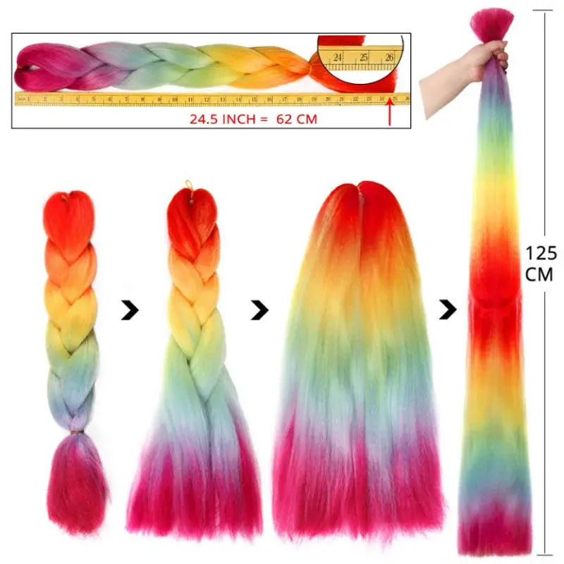 24-inch rainbow ombre synthetic yaki braiding hair extensions, 4-piece set for DIY braids