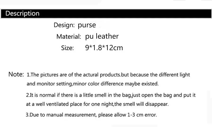 Purse description: PU leather material, size 9x1.8x12 cm