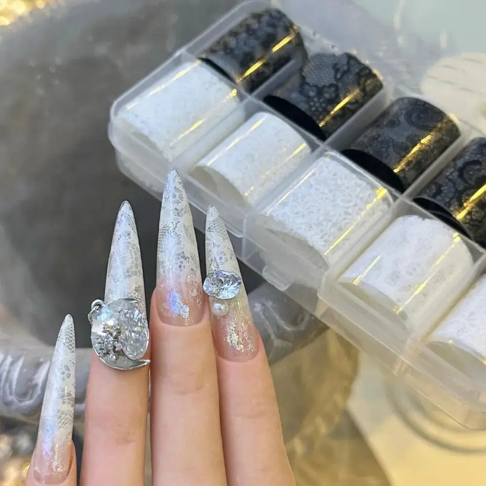 Lace nail transfer stickers set; 10 rolls of black & white lace full-wrap decals for DIY French manicure.