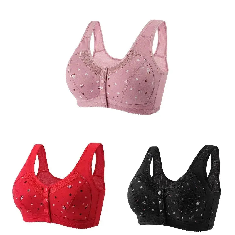 FallSweet 3-piece front-closure bra set for plus-size women in pink, red, and black with lace detailing by Simples Market