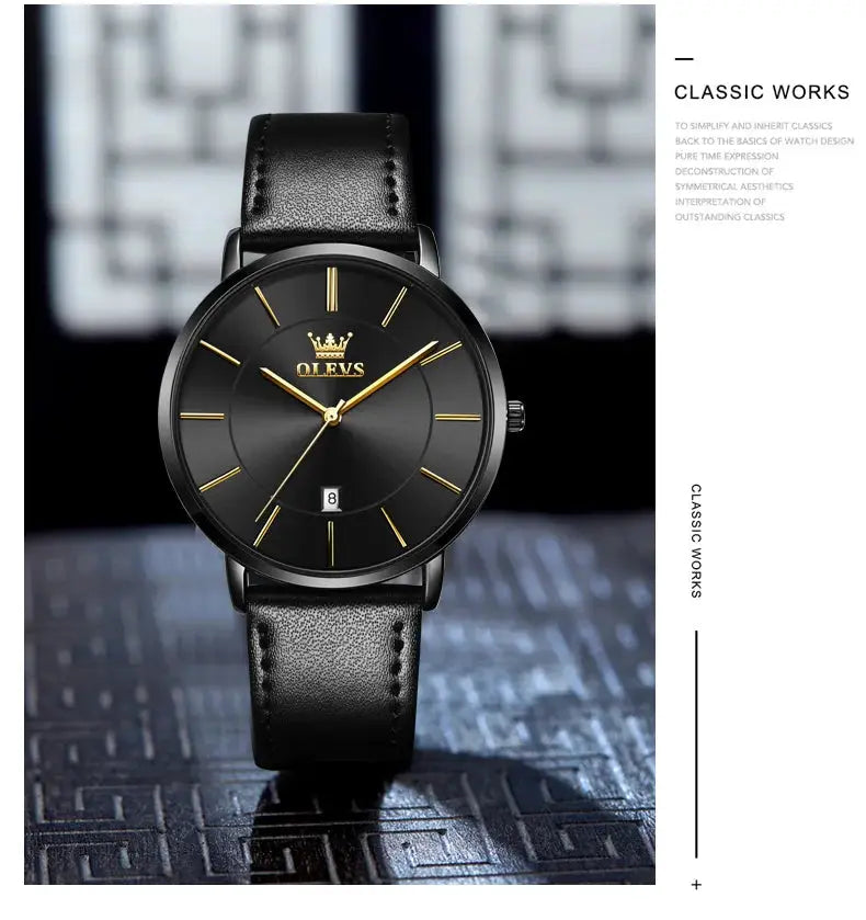 OLEVS men's ultra-thin quartz watch with black dial, gold-tone hands and markers, black leather strap, date window.