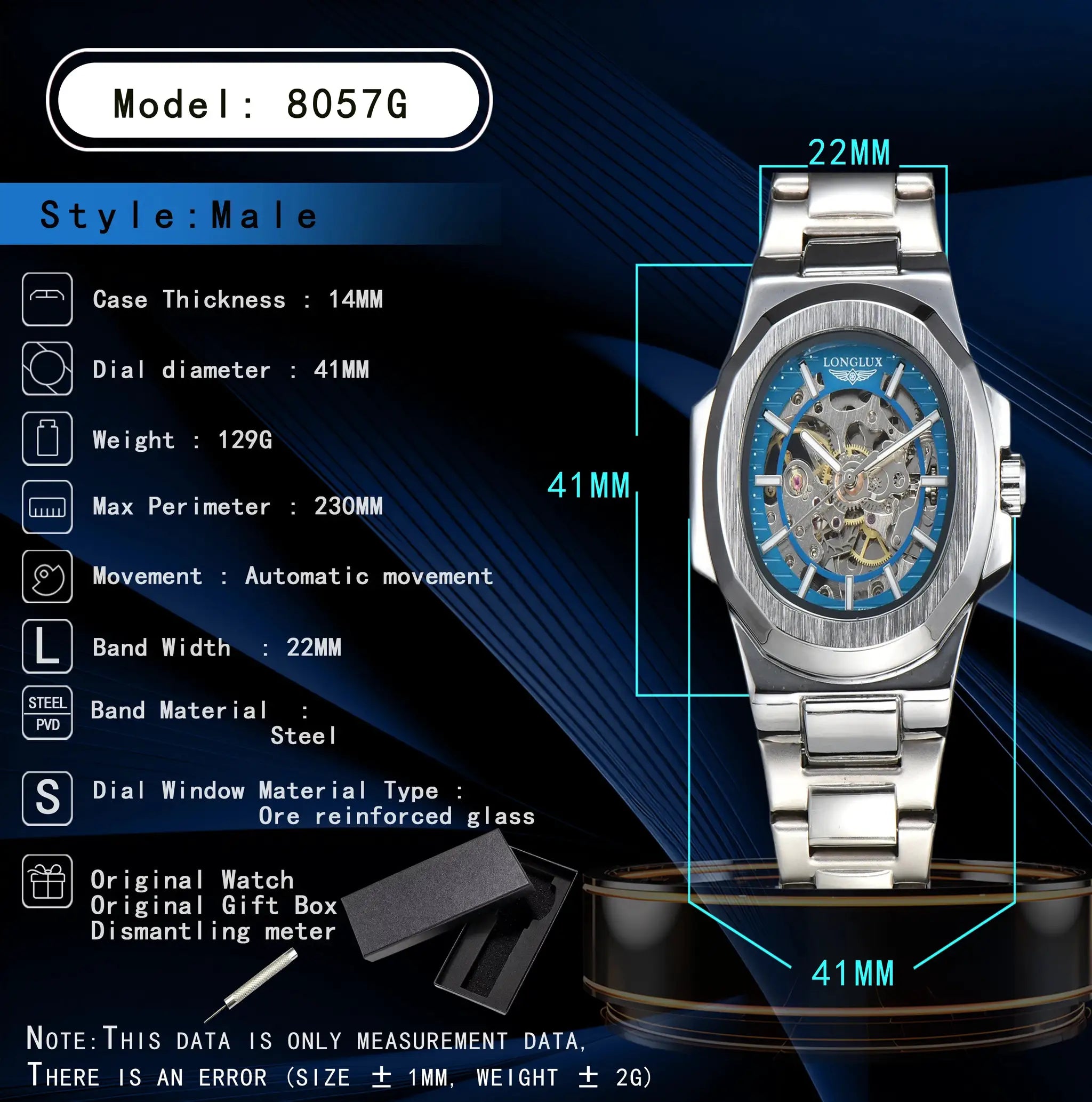 LONGLUX Men Automatic Mechanical Skeleton Watch Luxury Waterproof Stainless Steel Timepiece For Business And Casual Wear