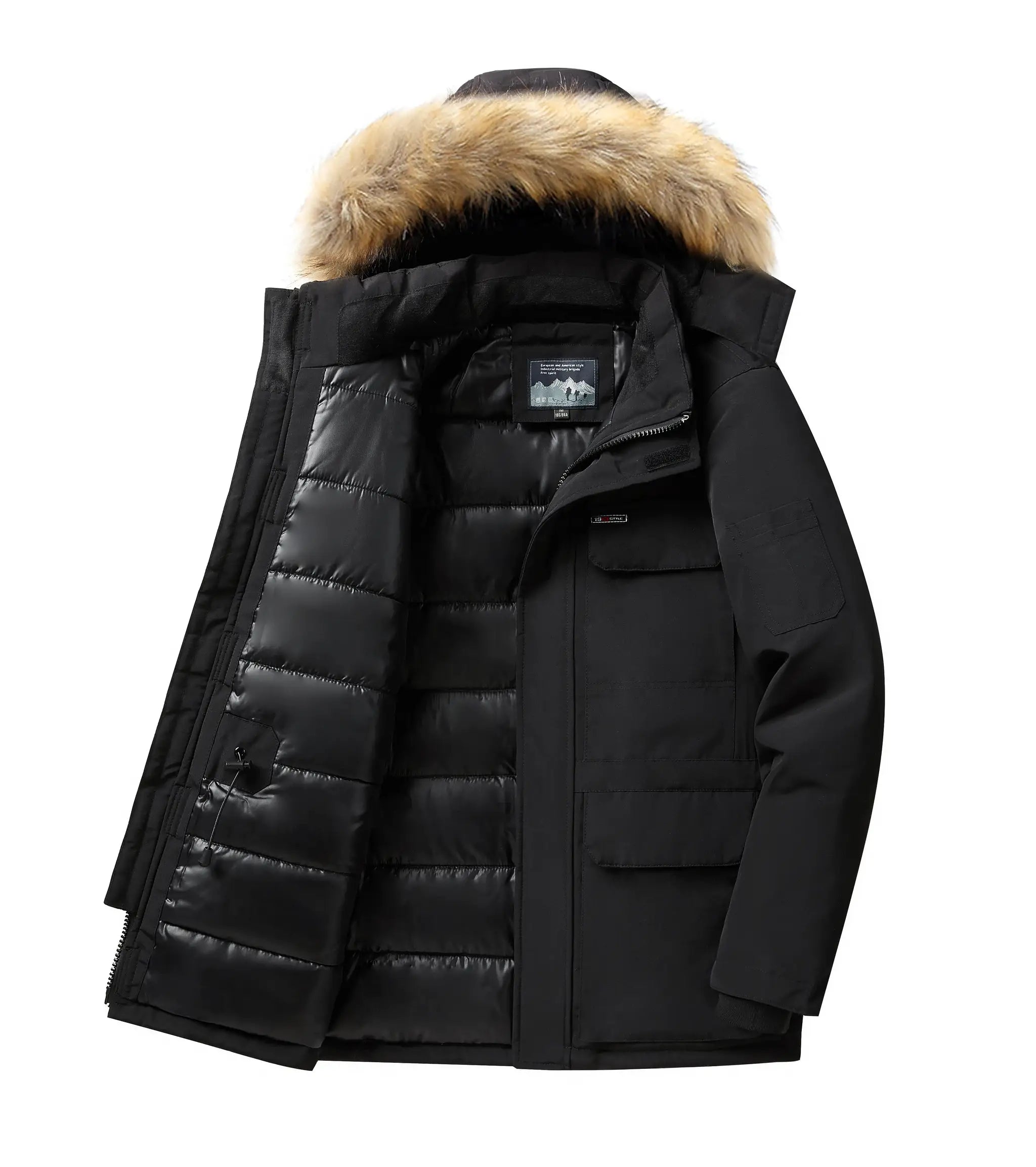Simples Market men's -30 Degree winter down parka with fur-trimmed hood, black mid-length coat