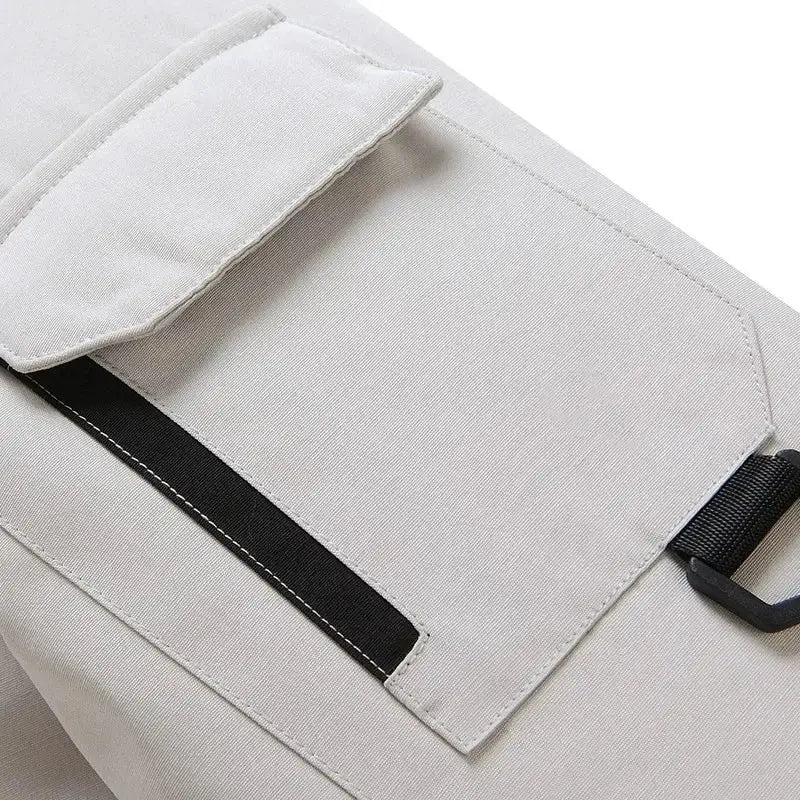 Men's thermal down jacket khaki with flap pocket and black strap detail