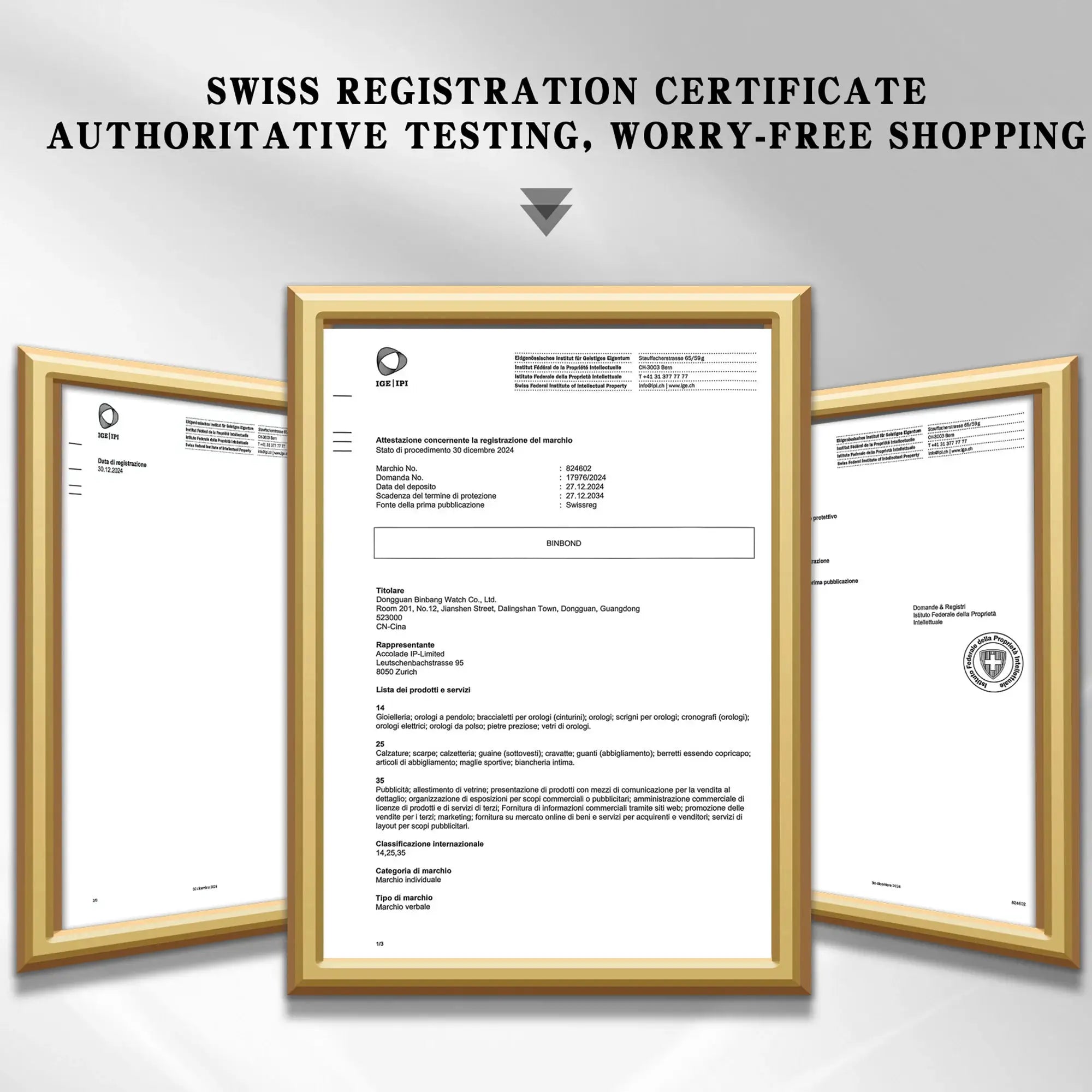 Certificate frames: three gold-framed Swiss registration certificates on display