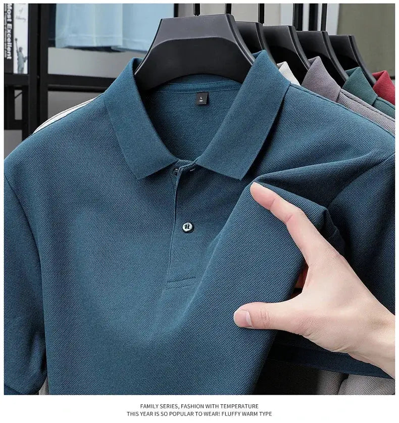 Men's teal cotton polo shirt; textured knit fabric, breathable, ideal for golf and business casual wear at work.