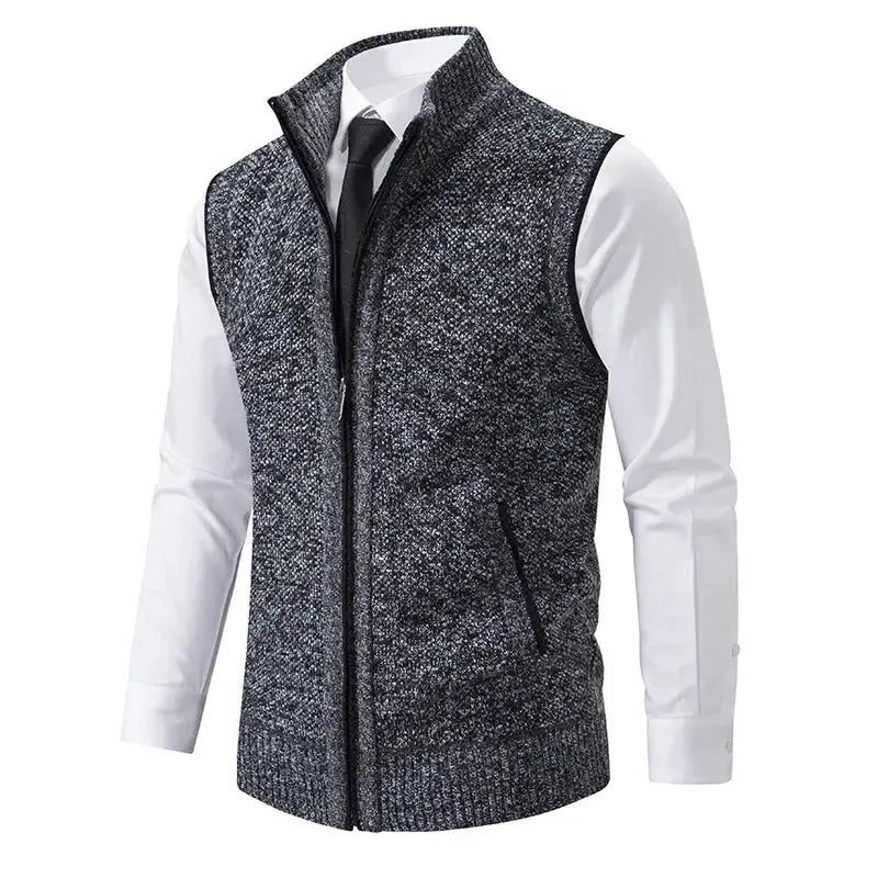 Men's knitted sleeveless zip-up cardigan vest with stand collar in heather gray