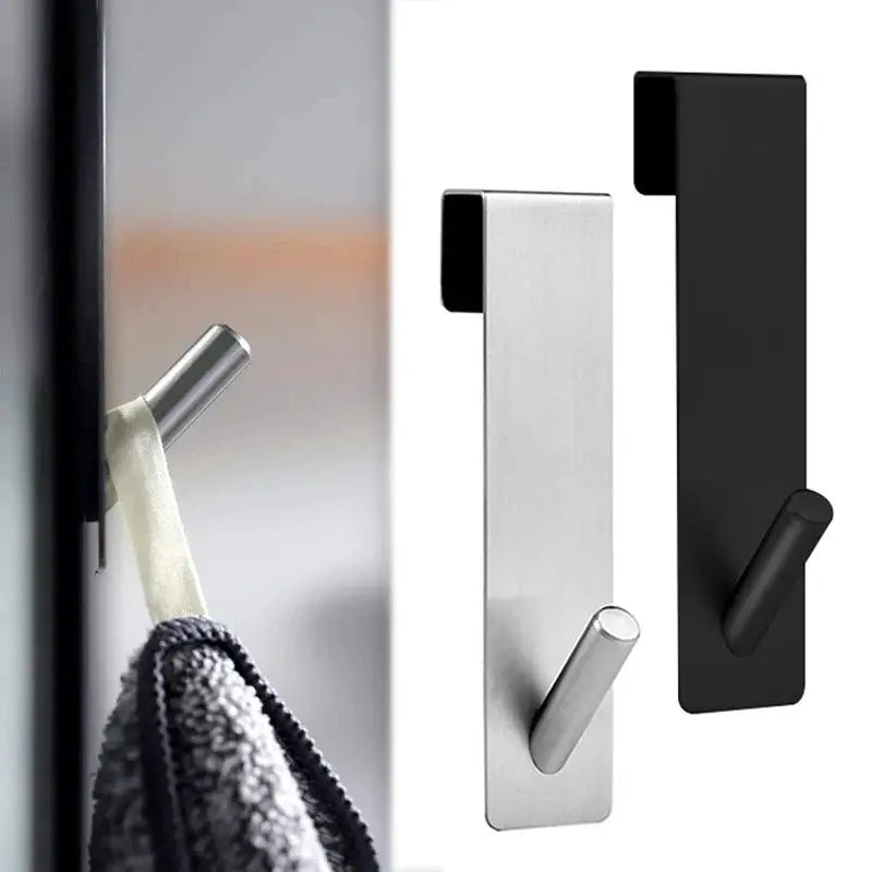 Two over-glass shower door hooks in silver stainless steel and black finishes, S-shaped bathrobe/towel hanger.