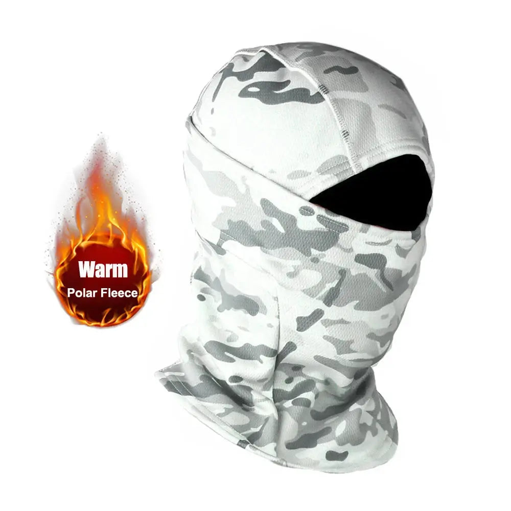 Camouflage balaclava in white/gray polar fleece for full-face winter warmth