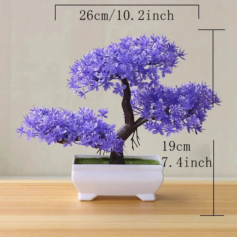 Artificial bonsai tree with purple blossoms in a white rectangular pot; Simples Market decor plant, 26cm wide x 19cm tall