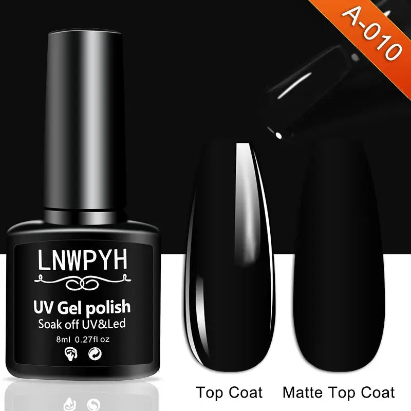 Gel UV nail polish kit with black bottle and two swatches labeled Top Coat and Matte Top Coat