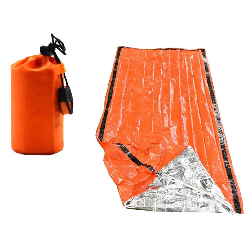 Emergency survival sleeping bag two-piece set: orange waterproof pouch and reflective Mylar blanket from Simples Market