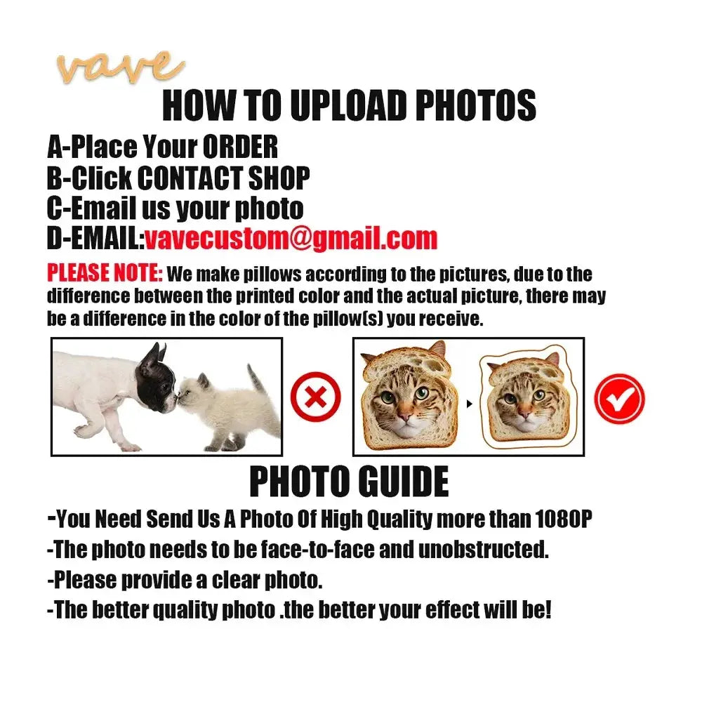 Photo custom shape pillow case by Simples Market; instructional infographic for submitting pet photos for DIY cushions.