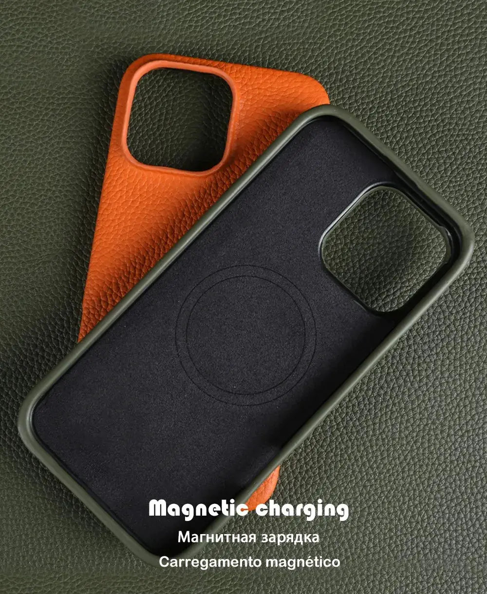 MagSafe leather iPhone case set, two-piece, with black back, olive green bumper and orange interior.