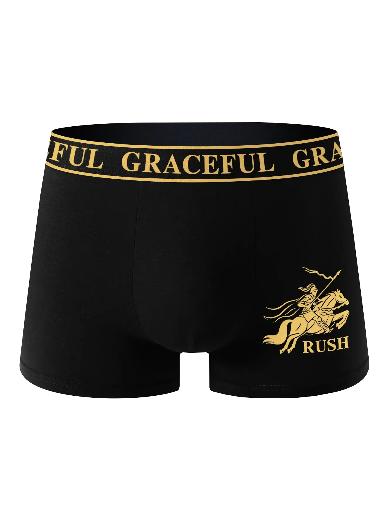 Men's black boxer briefs with a gold GRACEFUL waistband and a gold rider logo on the thigh