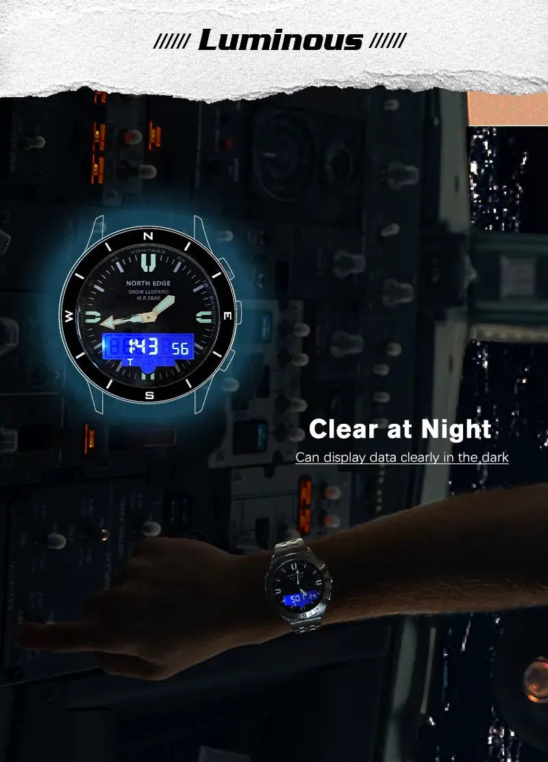 NORTH EDGE men's digital sports watch with blue backlit display and stainless steel band