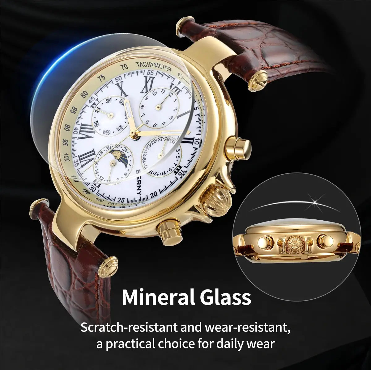 BERNY Retro Automatic Men's Watch Sun Moon Phase Simples Market with gold-tone case and brown leather strap