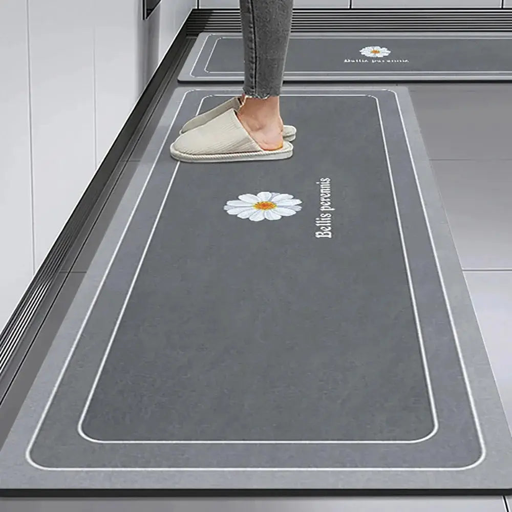Non-slip kitchen runner mat by Simples Market in gray with a daisy graphic and crystal velvet finish