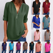Women's chiffon blouse with deep V-neck and zipper, loose fit in green — Simples Market