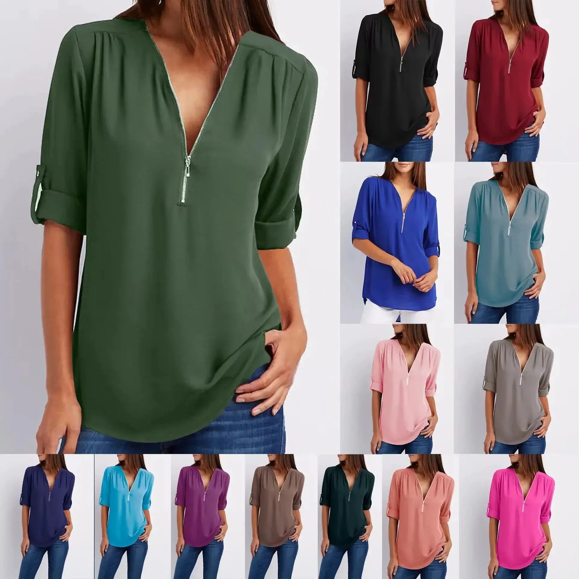Women's chiffon blouse with deep V-neck and zipper, loose fit in green — Simples Market